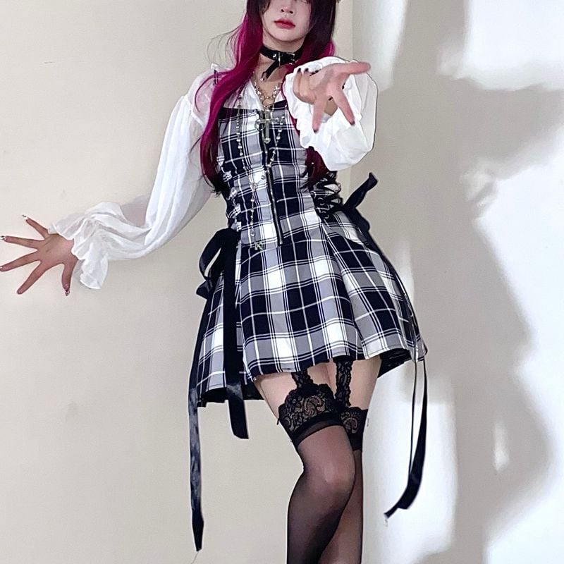 サブカル 服 地雷系 通販 ワンピース ミニ丈 チェック柄 リボン