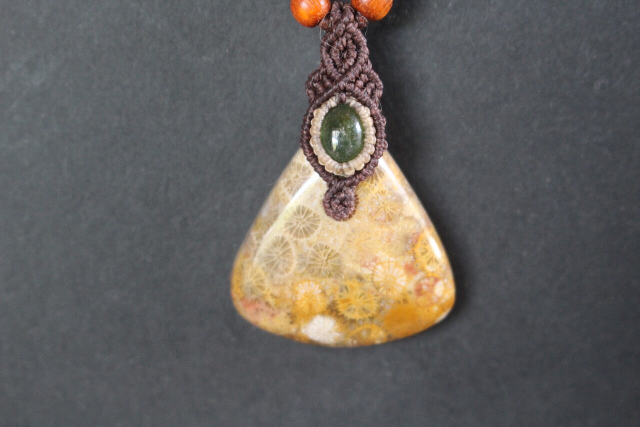 Fossil Coral & Green Tourmaline micro macrame woody pendant