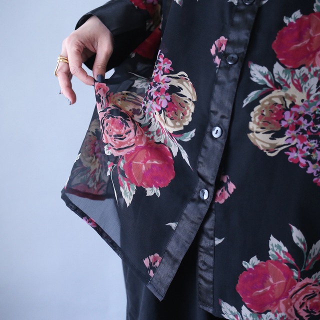 "sheer×satin" switching design beautiful flower pattern over silhouette see-through shirt