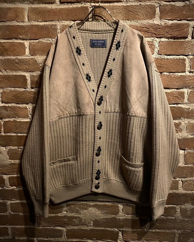 【Caka act3】Suede Leather Swiching Euro Vintage Loose Knit Cardigan