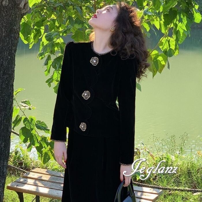 セットアップ 2点 ベルベット調 ジャケット 花 ボタン スカート(MB842) μ