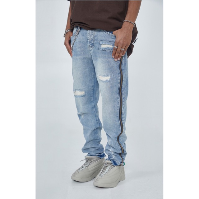【DRIP0805】R69 Torn Hole Side Zipper Denim