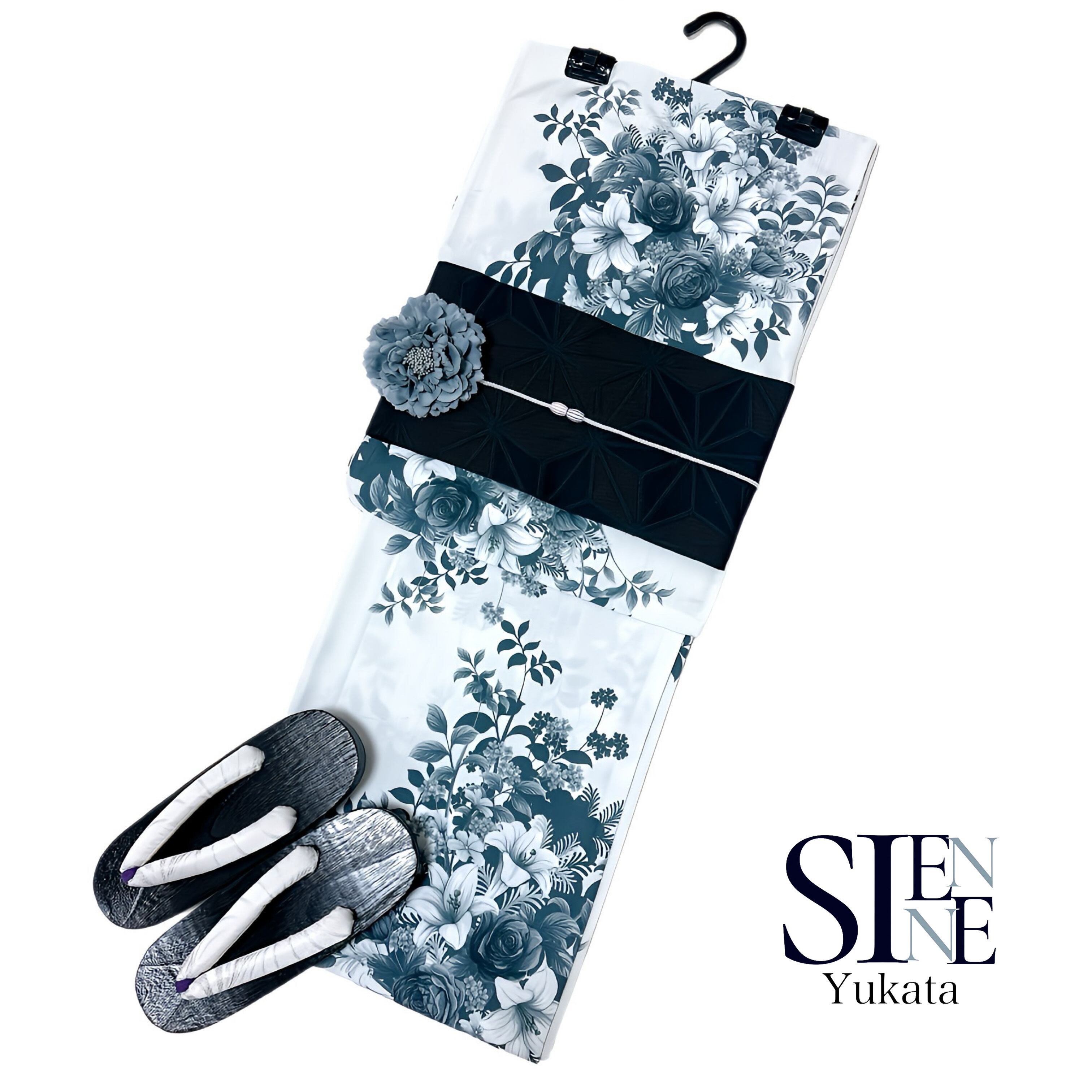 浴衣ジェンヌ 浴衣5点セット 白地 黒 ポリエステル ゆかた 半幅帯 浴衣