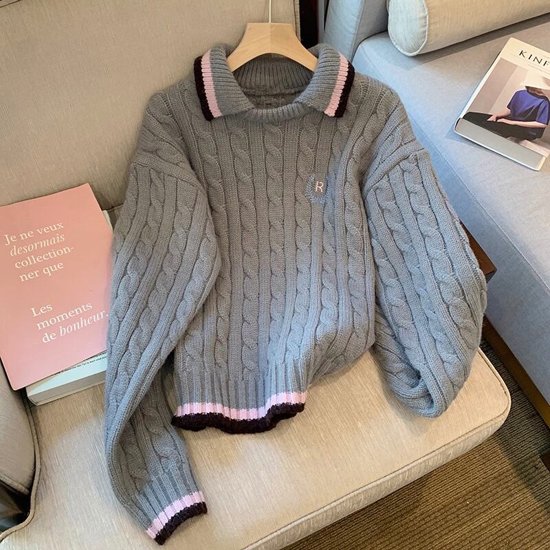 襟付きケーブル編みニットセーター
