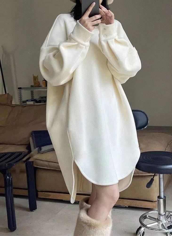 ゆるっと着れる ドロップショルダーフリースワンピース 長袖 着こなし 人気 オシャレ 大きいサイズ 韓国 CH9445