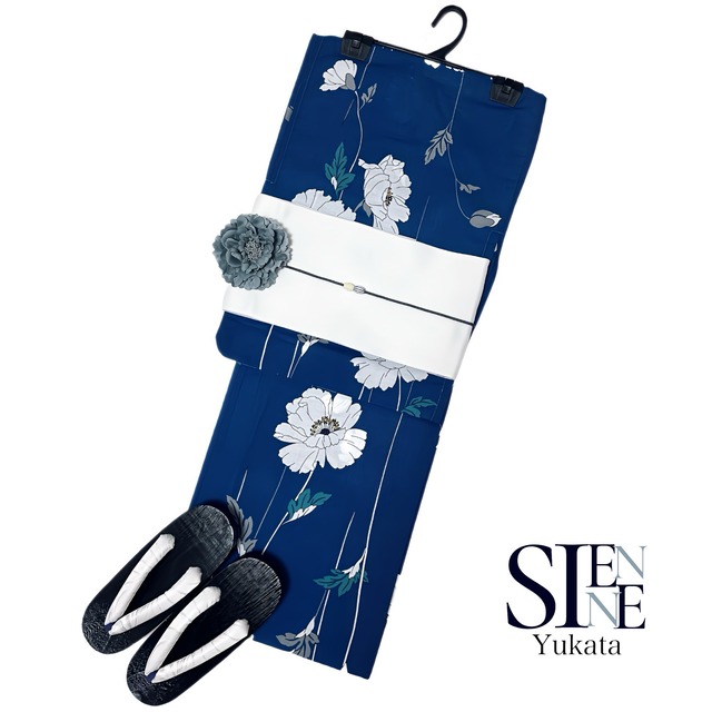 浴衣ジェンヌ 浴衣5点セット 鉄紺色 ポピー 花柄 綿 ゆかた 半幅帯 浴衣