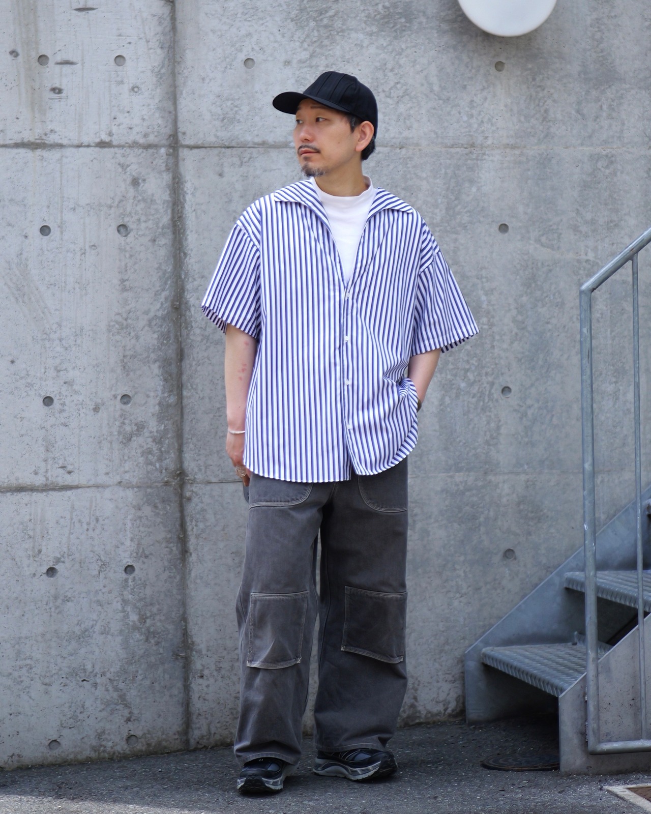 METHO - Open collor flat shirt shortsleeve : Green stripe