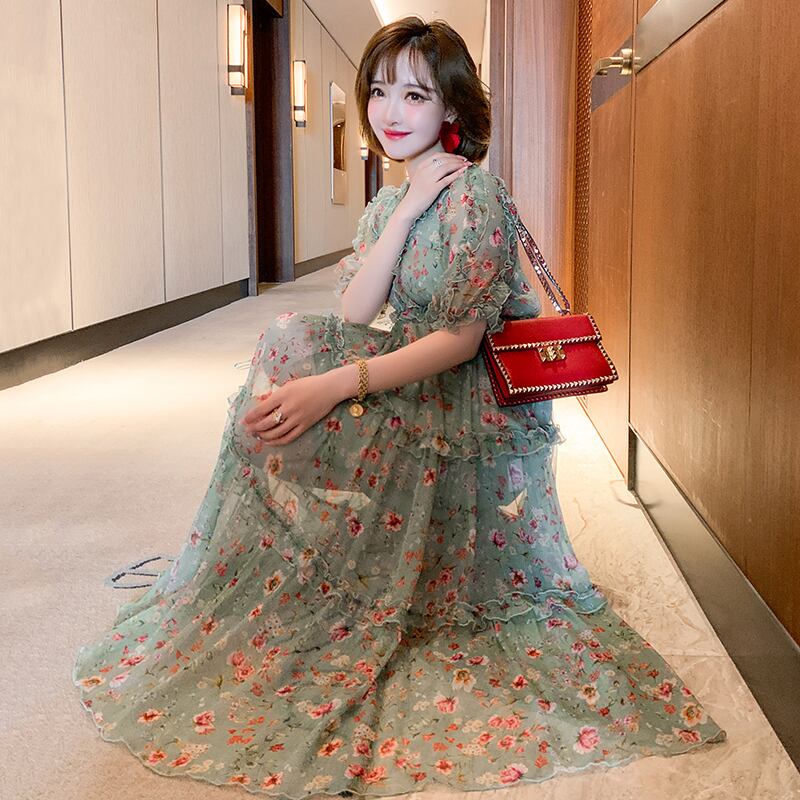 Vネックレースハイウェストウェストスカート フローラルドレス エレガント 花柄 ステッチ MIUCO53856936077