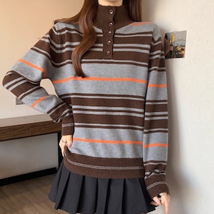 ハーフボタンハイネックボーダーニット ・73689 ハーフボタンハイネックボーダーニット ・73689