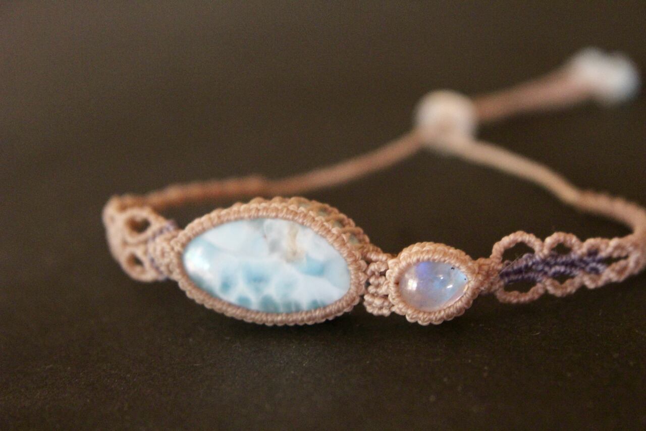 Larimar & Rainbow moonstone micro macrame bracelet