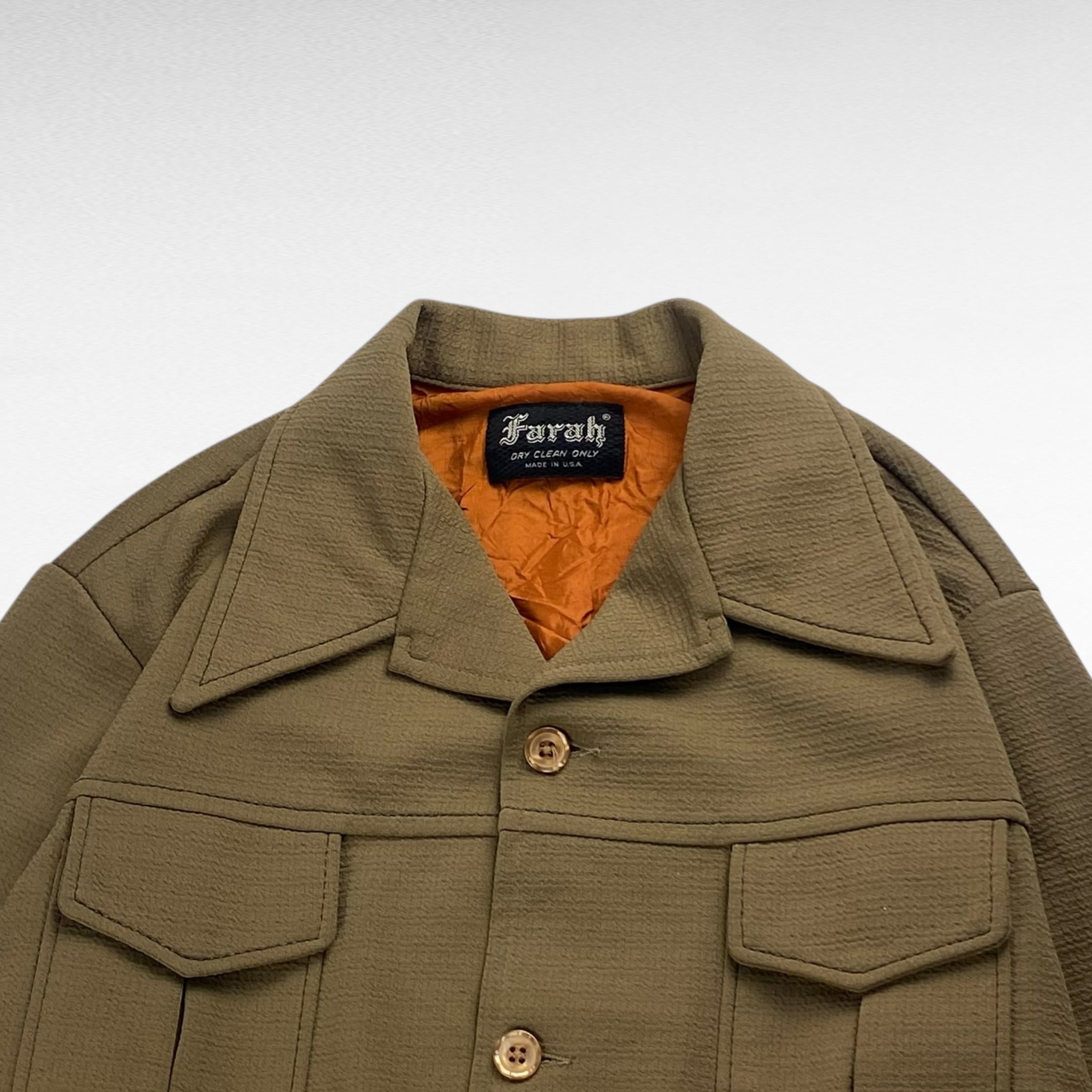 70s FARAH ポリエステルジャケット　デカ襟　ボックス　USA製 70's】【USA製】 Farah 開襟シャツジャケット ポリジャケット L相当