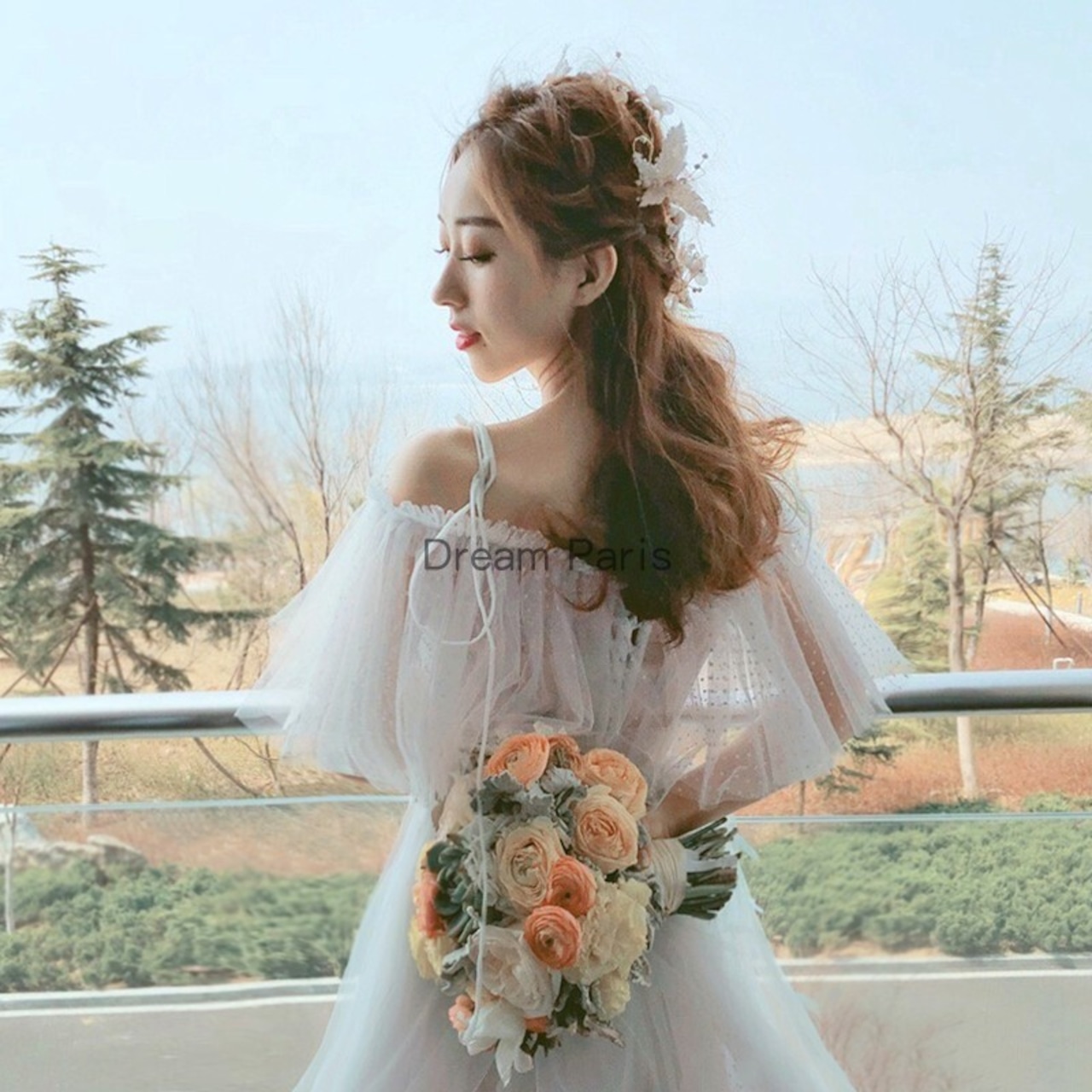 フランス風 オフショル ウエディングドレス 前撮り 可愛い スレンダー  