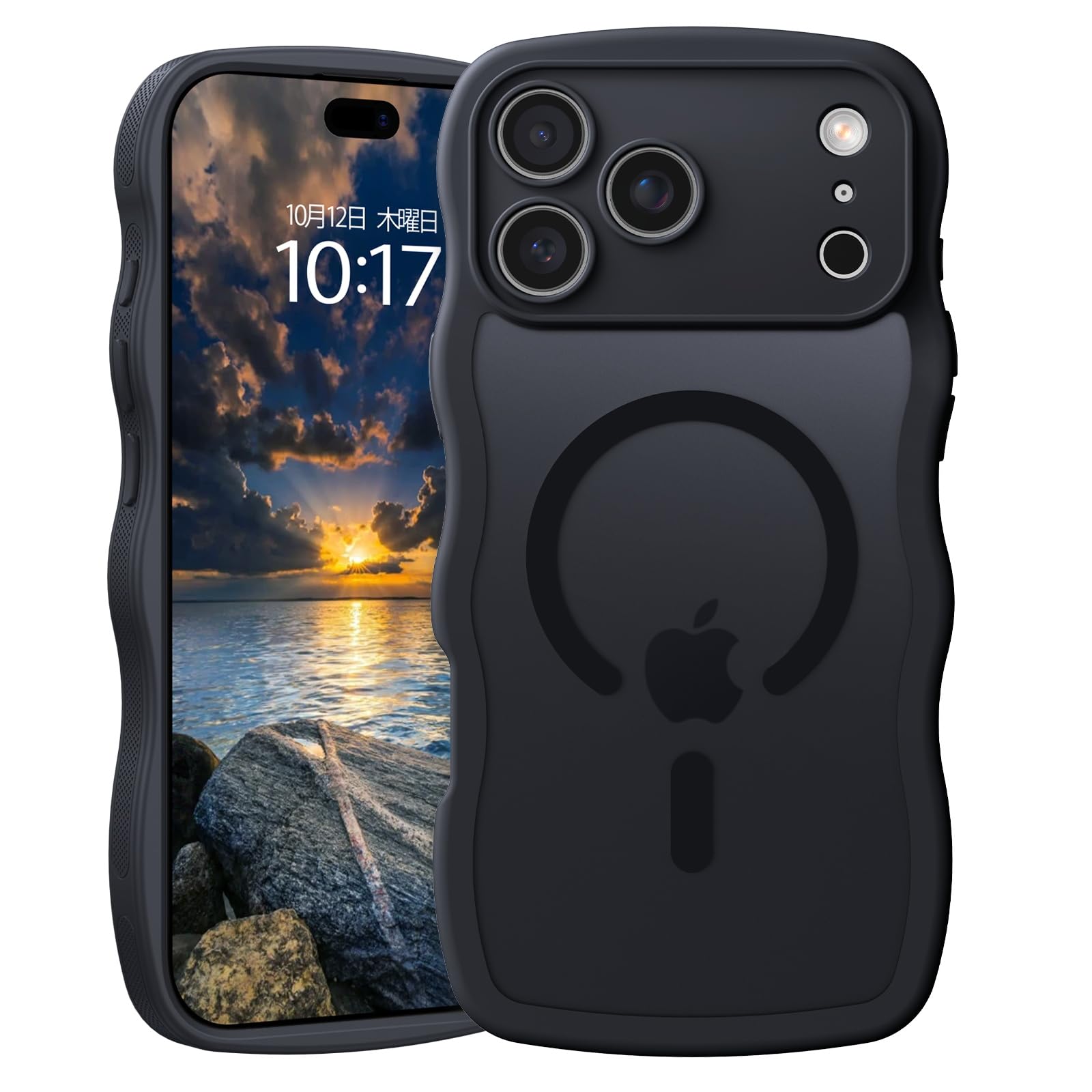 Telaso iPhone 18 Pro用 ケース ウェーブ MagSafe対応 半透明 黄変防止 薄型 TPU PC 6.3" ブラック