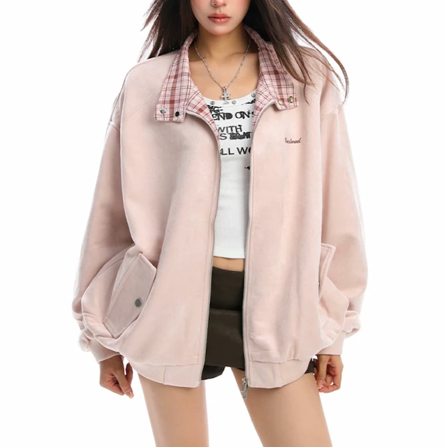 check-patterned collar mixed material oversized jacket la3075