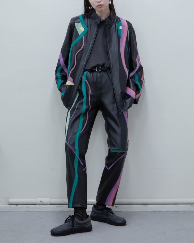 1980s abstract leather jacket & trousers set-up