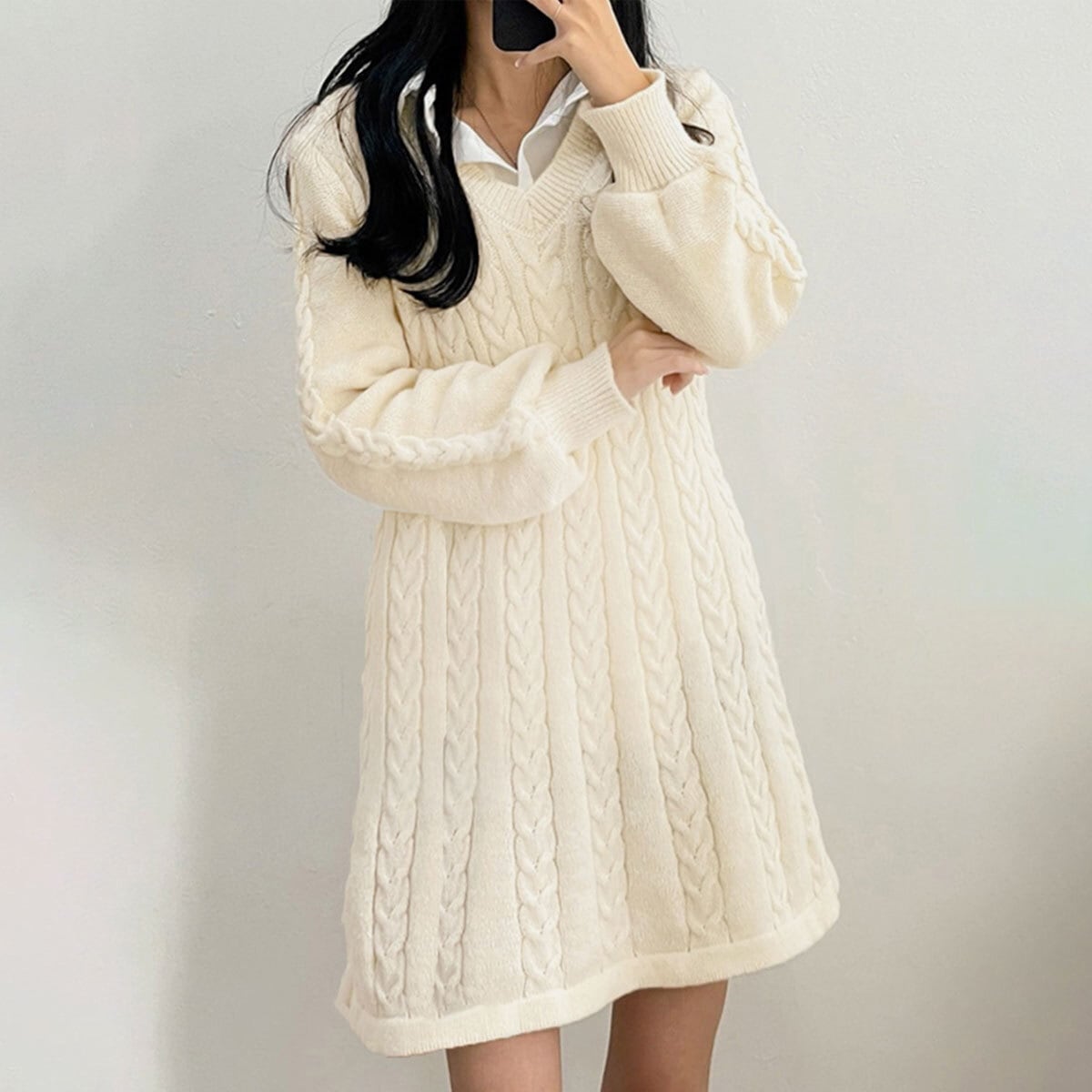 ケーブルニット ミニワンピース レディース 秋冬 韓国 ケーブル編み おしゃれ きれいめ 大人 かわいい フェミニン ゆったり 体型カバー 長袖 ワンピース 大人可愛い 大人女子