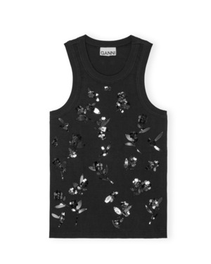 【GANNI】BLACK RIB JERSEY EMBELLISHED TANK TOP