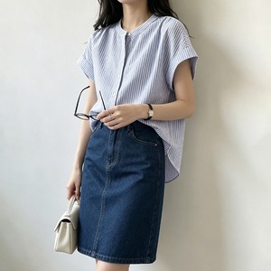 ストライプ シャツ レディース 夏 半袖 フレンチスリーブ バンドカラー ブラウス 前開き ゆったり 体型カバー 二の腕カバー 着やせ 涼しい 大人 カジュアル オフィスカジュアル 通勤 高見え [LS-CGT148]