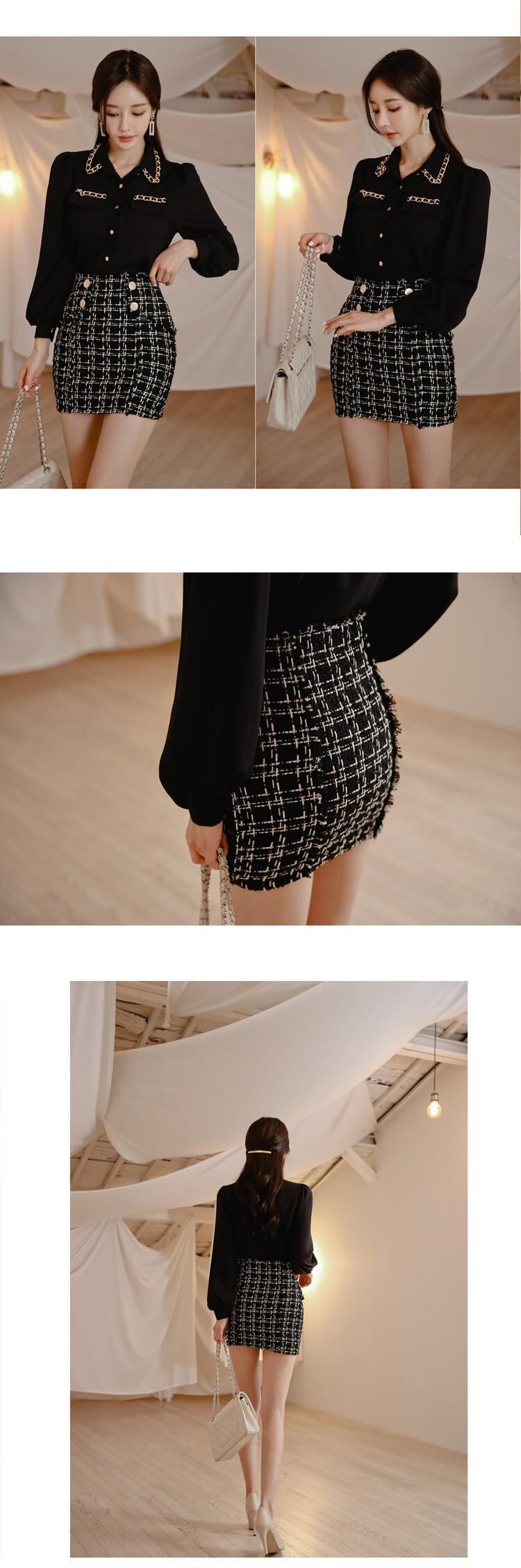 ZAWFL ツイード スカートと白ブラウス女性長袖シフォン シャツ