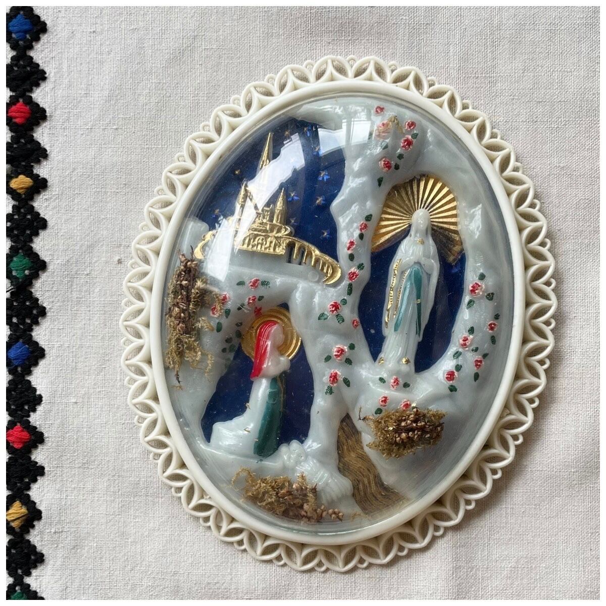 アンティーク ルルドのマリア 真鍮ガラスドームフレーム イコン ドライ