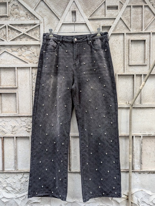 "GLAM" rhinestone black denim baggy pants