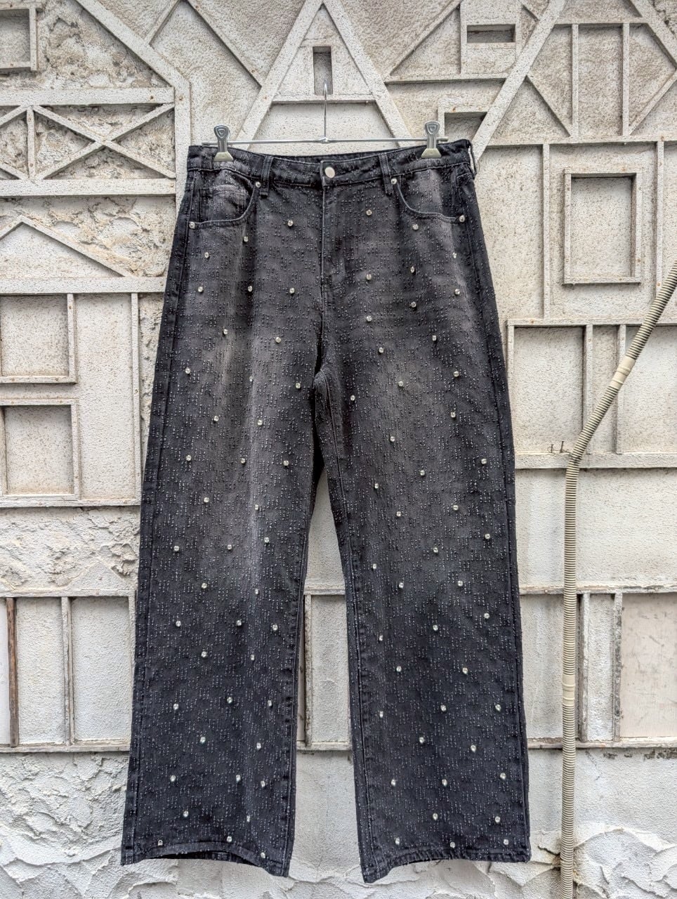 "GLAM" rhinestone black denim baggy pants