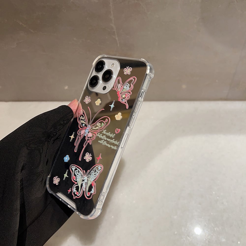 iPhone全機種対応】大人気の鏡面ケース◎バタフライ カラフル イラスト