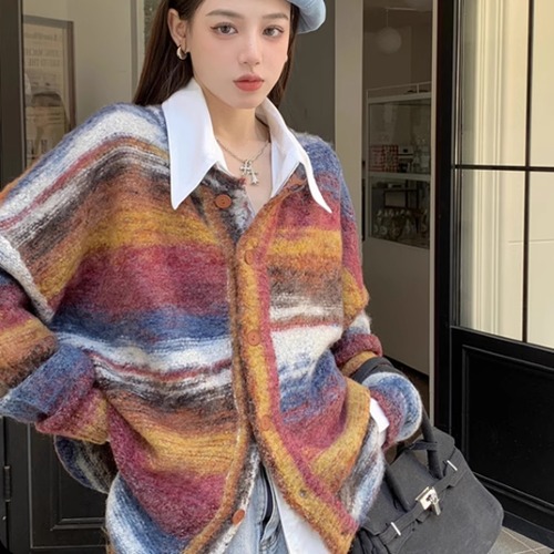 ニットカーディガン レディース カーディガン 羽織 ニット セーター トップス 長袖 フロントボタン ミックスカラー カラフル ラウンドネック カジュアル お出かけ おしゃれ ファッション 女性