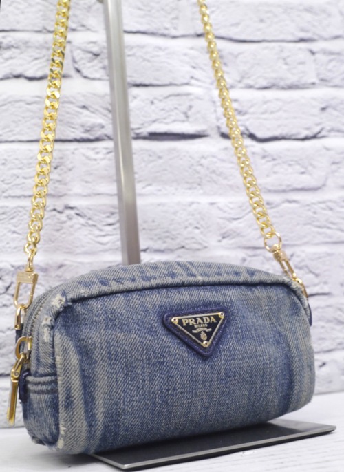 ◆ PRADA プラダ CANAPA カナパ ヴィンテージ ダメージ加工 クロスボディ チェーンストラップ デニム ミニ ショルダー カメラ バッグ ポーチ 青x金◆