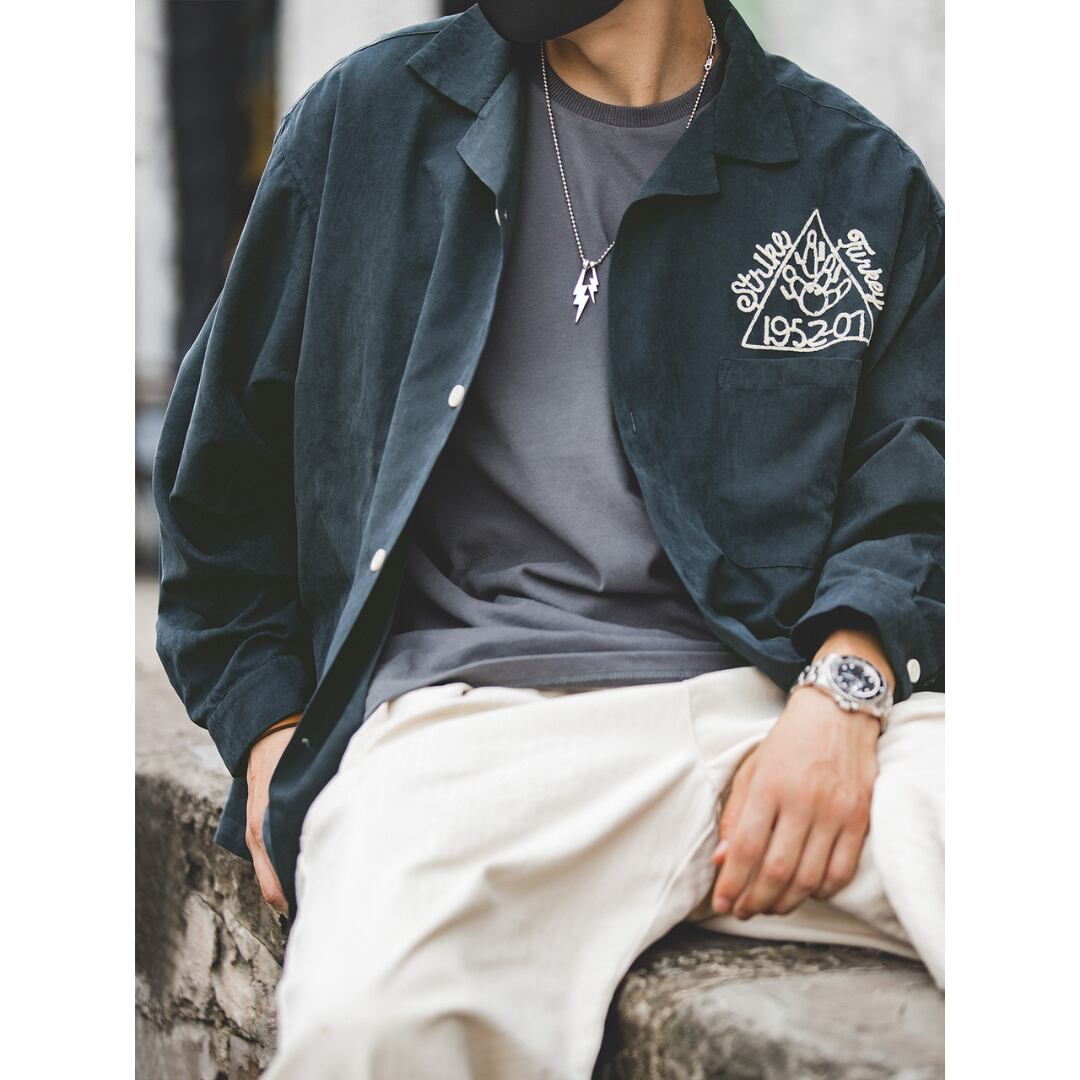 刺繍入りロングスリーブバンドカラーシャツ A18777