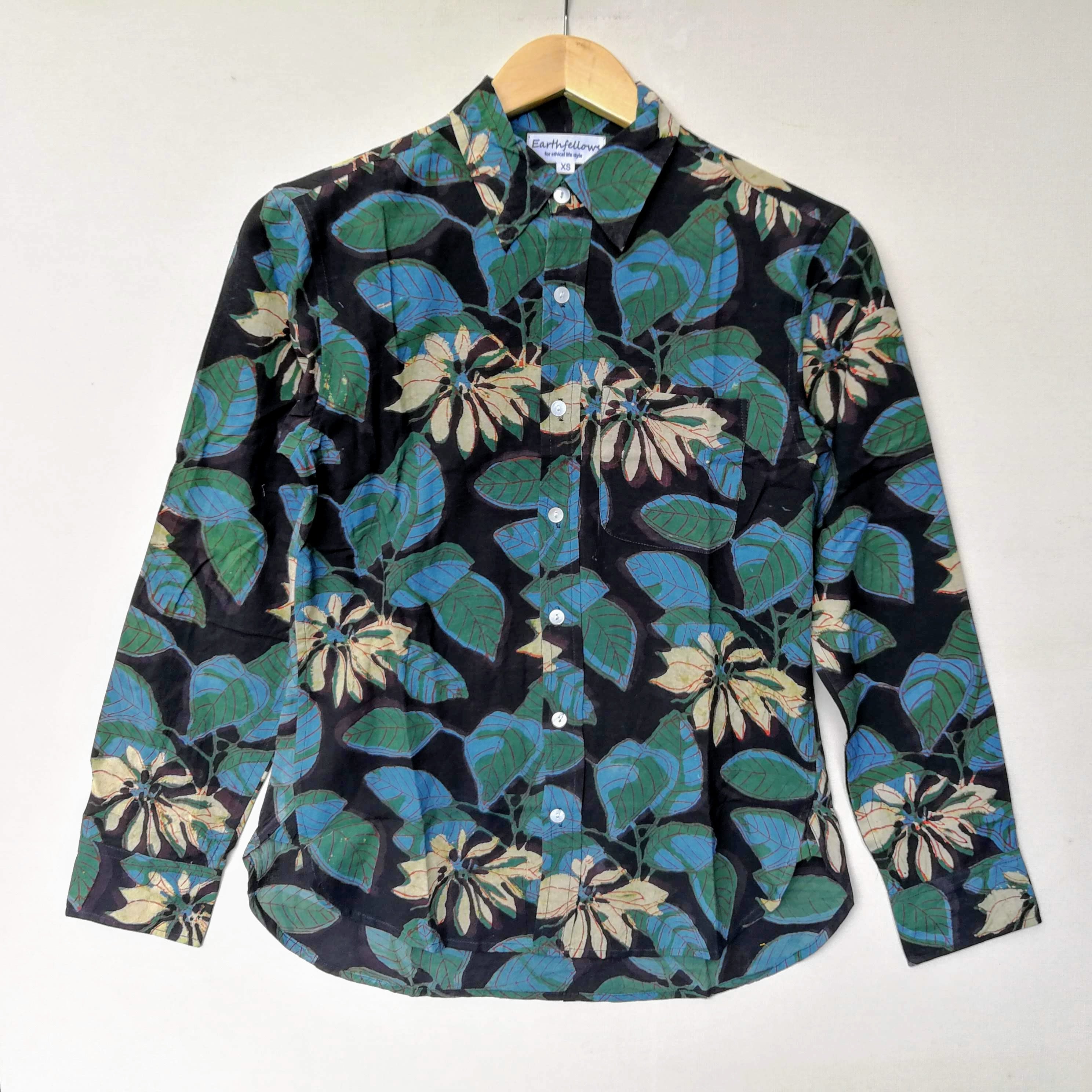 ★春夏秋３シーズン★オーガニックコットン草木染ブロックプリント長袖シャツ５（XS～XL）
