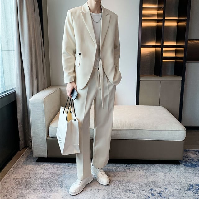 【予約販売】メンズ セットアップ スーツ 無地 個性的 シック スリム シンプル 韓国 男前 グリーン/ブラック/ベージュ/オフホワイト ジャケット パンツ セット セットアップ ビジネス 通勤 フォーマル パーティ 二次会 同窓会 結婚式 韓国 こなれ感 トレンド 春 夏 大きいサイズ M/L/XL/2XL/3XL