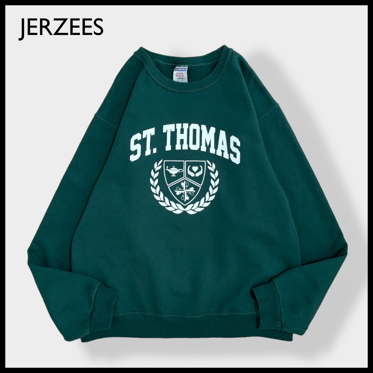 【JERZEES】ST.THOMAS セントトーマス アーチロゴ スウェットシャツ トレーナー M ディープグリーン US古着