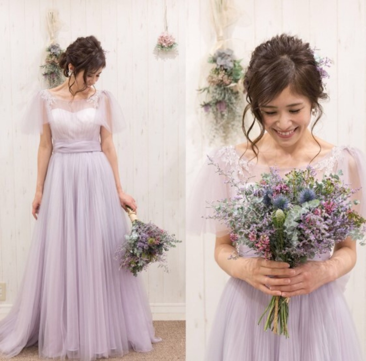 エレガント カラードレス パープル ベアトップ 細見えシルエット 前  