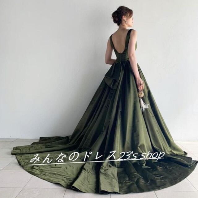 高品質！  カラードレス  深めな緑  トレーン 花嫁/結婚式/披露宴/エレガン