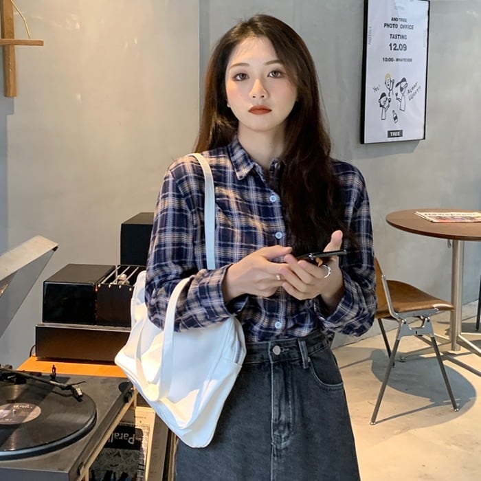 シャツ スプリングスタンダード格子柄ルーズトップス ロング レトロ 春物 1号婦人53064416714