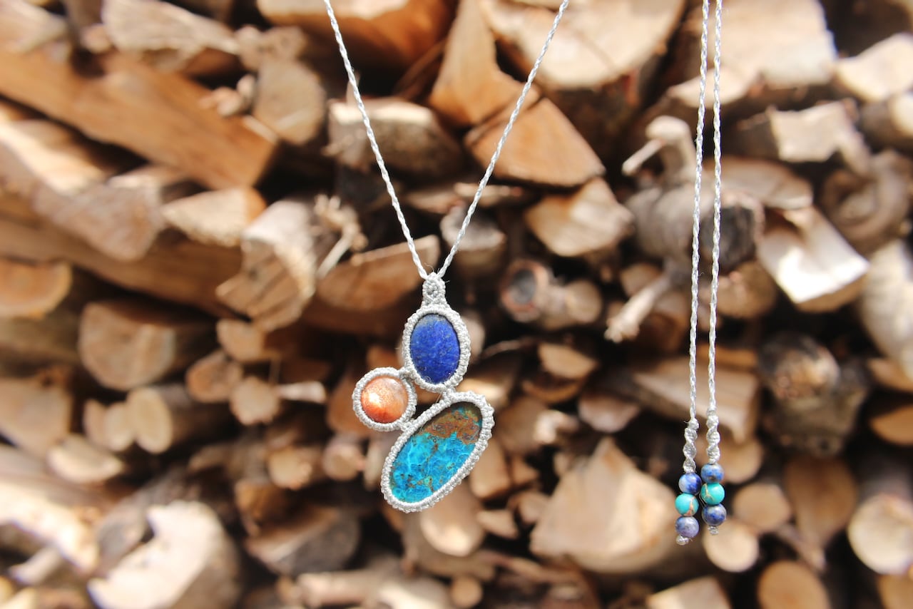Chrysocolla malachite & Sunstone & Lapis lazuli micro macrame pendant