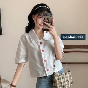 【韓国通販 dgo】POLO襟 半袖 シャツ ホワイト レッド ブルー 夏 2020 ソリッドカラー 気分高まる♪夏のシャツ（A1798）