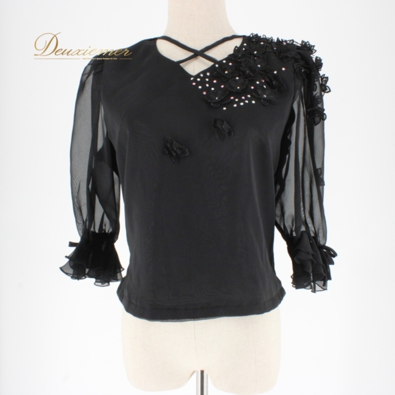 社交ダンス 衣装 スタンダード トップス レッスンウェア レディース 黒 ラインストーン ブラック系 U:NA ユーナ 花柄 フォーマル 練習着 アーバンブラック ウエストゴム ファスナー おしゃれ 伸びない 袖あり デザイン トップス 重ね着 花飾り ストーン装飾 パーティー用 講師用 ダンスwear レディースファッション ユニーク 薄手 長袖 フェミニン スタイリッシュ ステージ衣装