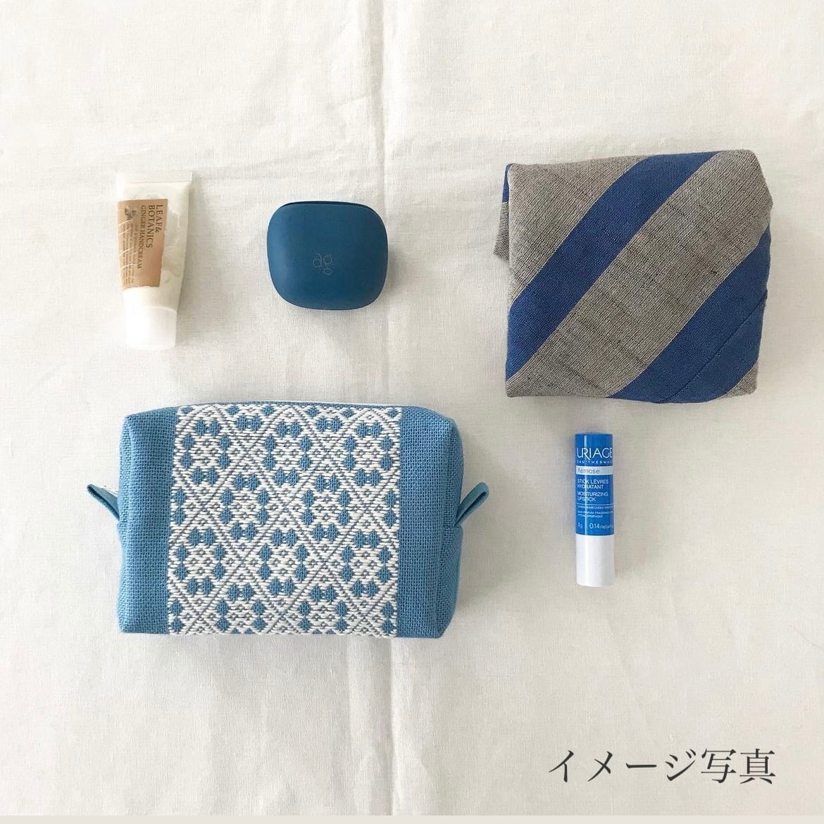 こぎん刺し×帆布 ボックスポーチ 水色 | カエコ手芸店