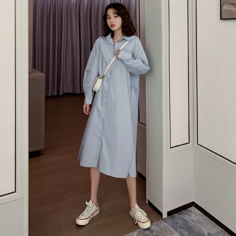 2020年春のシックな新しいファッション膝丈ロングルーズ長袖無地ワイルドシャツドレス女性 YY-ファッション58525248341