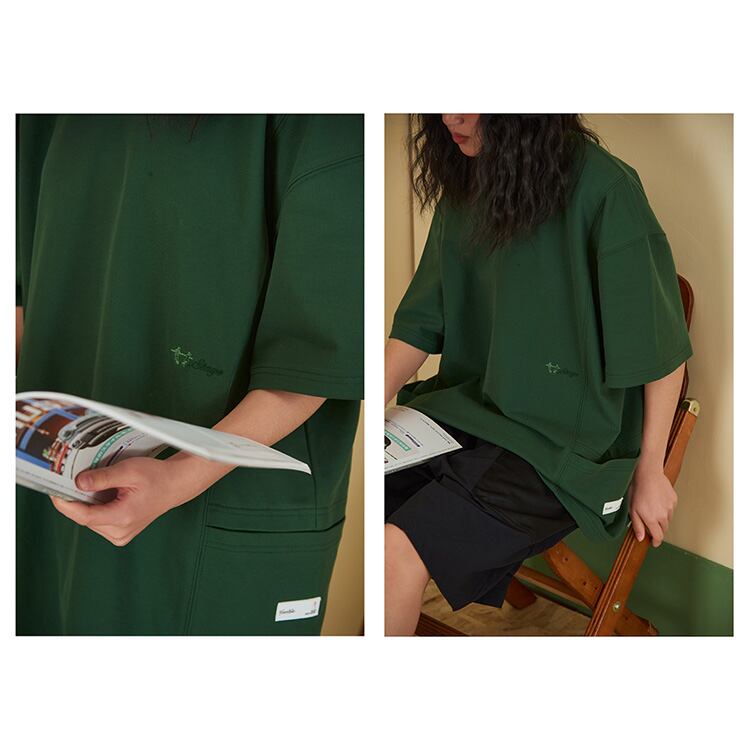 ★EMBROIDERED BOTH SIDE POCKETS LOOSE T-SHIRT　　　A0542