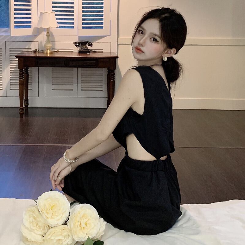 ウェストブラックドレス サマーハイウェスト薄手スカート 大人ガーリー スウィート キュート カジュアル 夏物 ガールズファッション17589959294