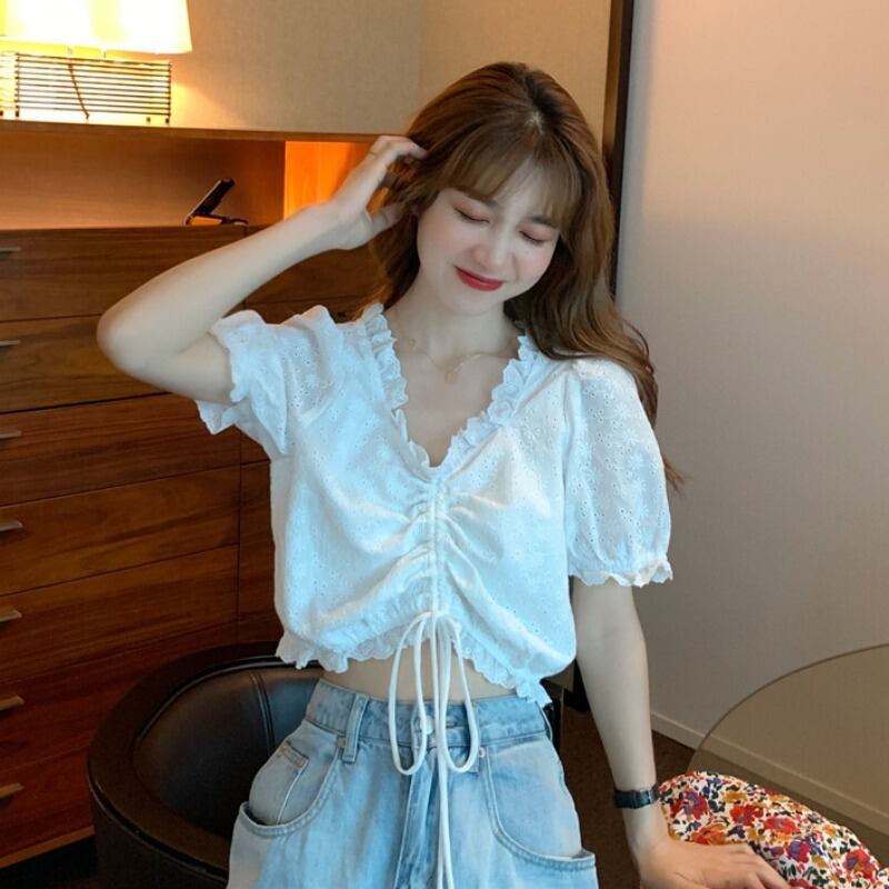 ホワイトシャツ ギャザーショートトップス ドレス サマーVネックスリーブ 夏物 YY-ファッション82212733673