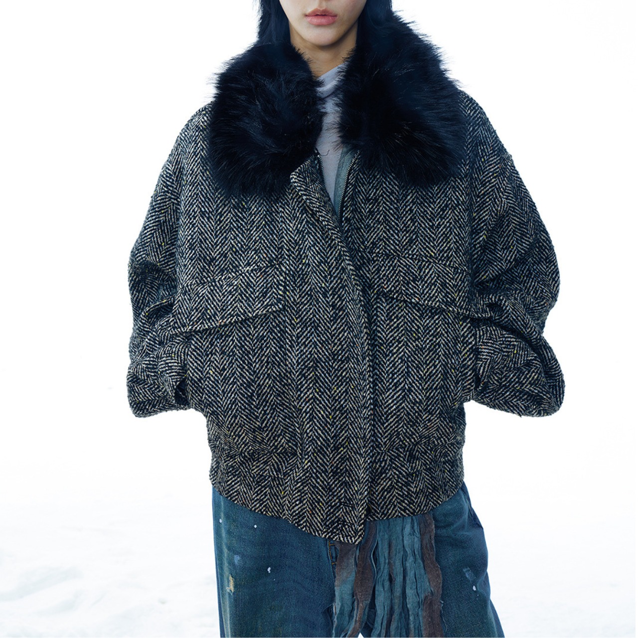 Fur Color Zip-Up Blouson T3941
