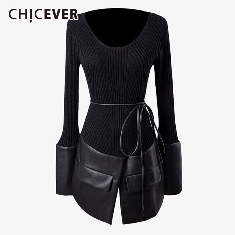 CHICEVERニットセーター女性OネックフレアSleeevPatcwhorkPuレースアップ非対称裾プルオーバー2021タイド 6base522241603080