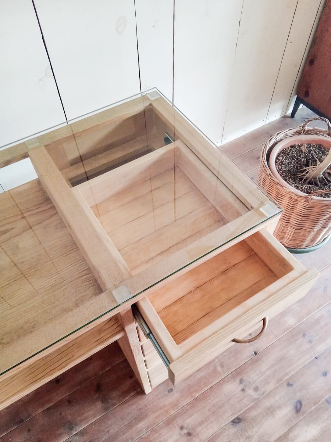 引出し付き木製ネイルテーブル オールドパイン風ナチュラル