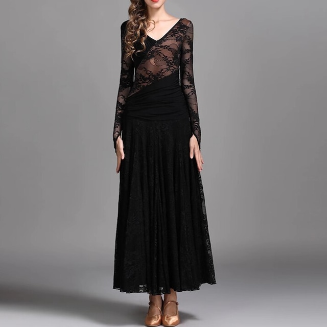 ドレープ フレアデザイン レース ダンスドレス ds1084