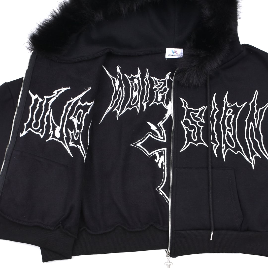 1/3新着】ショート丈 メタルクロスフードファーZIPパーカー(裏起毛