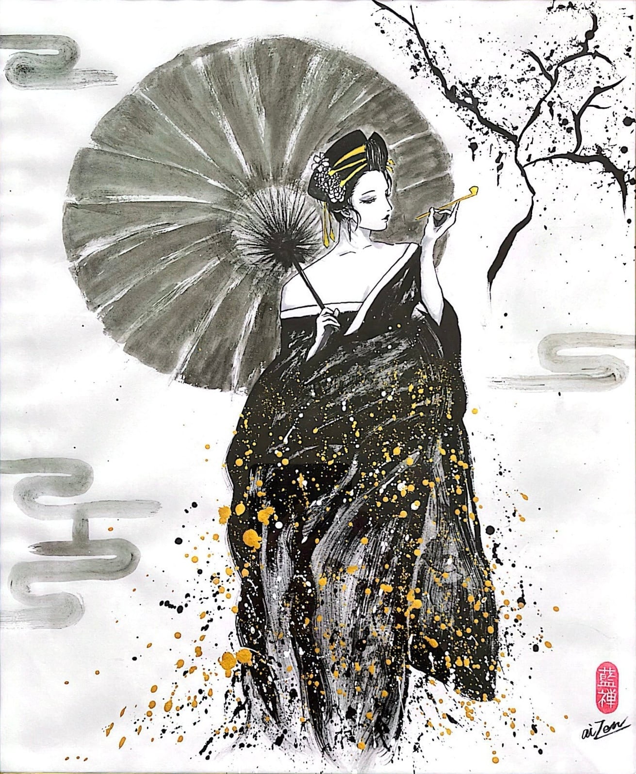 【鉛筆画】花魁 墨絵】花魁 | 墨絵ART-藍禅-ペロパパ